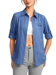 Custom Women Blank Spf 50 Uv Protection Royal Blue Fishing Shirts Australia Button Down Up Long Sleeve Polyester Fishing Shirts