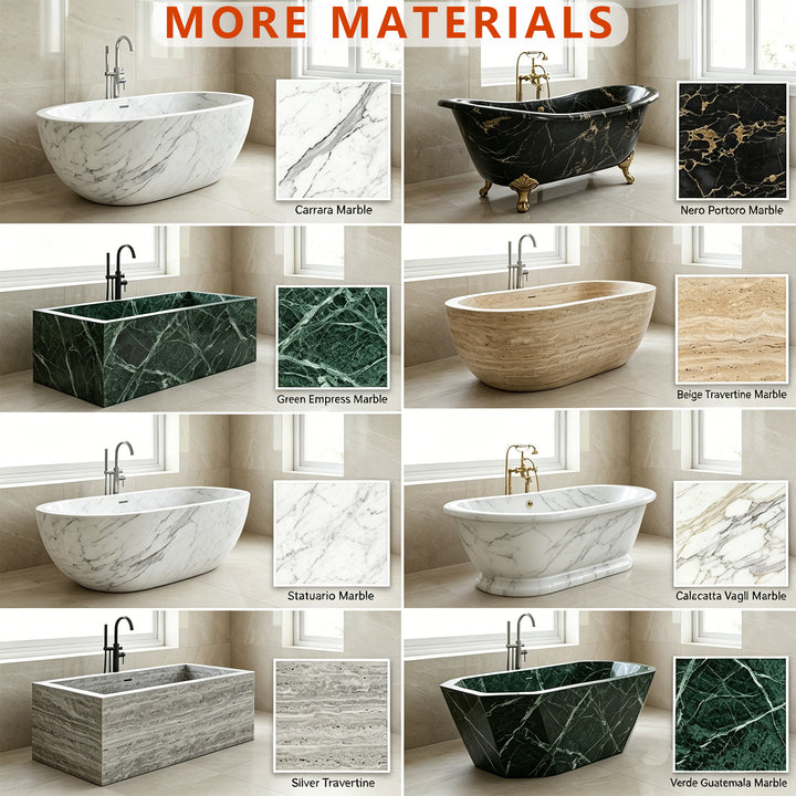 BSA Luxury White Wood Vein Marble Freestanding Bathtub Hand Carved Natural Stone Oval Soaking Tub for Villa Hotel Bathroom