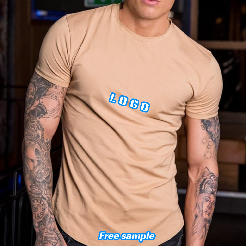 OEM Wholesale 95% Cotton 5% Elastane Men's Slim Fit Tee shirt Longer drop Curved Hem Round Neck Muscle Fitness Mens Gym T-shirts