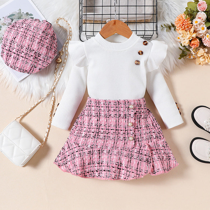 OEM ODM Autumn Winter Baby Infant Fashion Girl Clothing Long Sleeve Knit Sweater Woolen Skirt Hat 3Pcs Winter Clothes for Kids