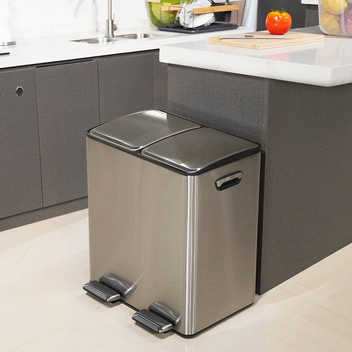 40L Rectangular Hands-Free Dual Compartment Recycling Kitchen Step Trash Can With Soft-Close Lid Brushed Stainless Steel