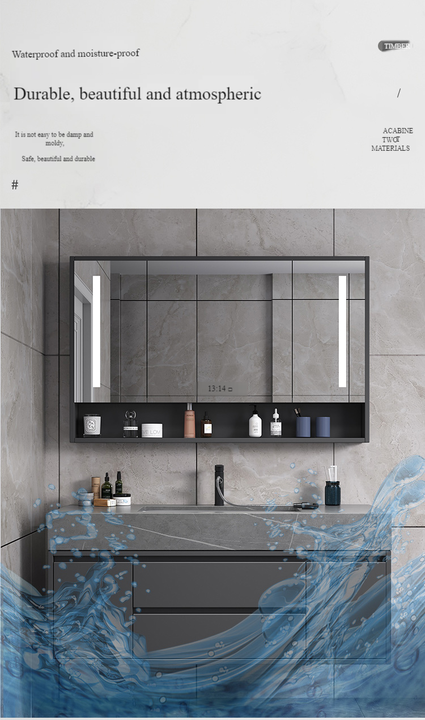 Modern Grey Bathroom Vanity Set with LED Mirror Storage and Seamless Washbasin Bathroom Vanity Lighting