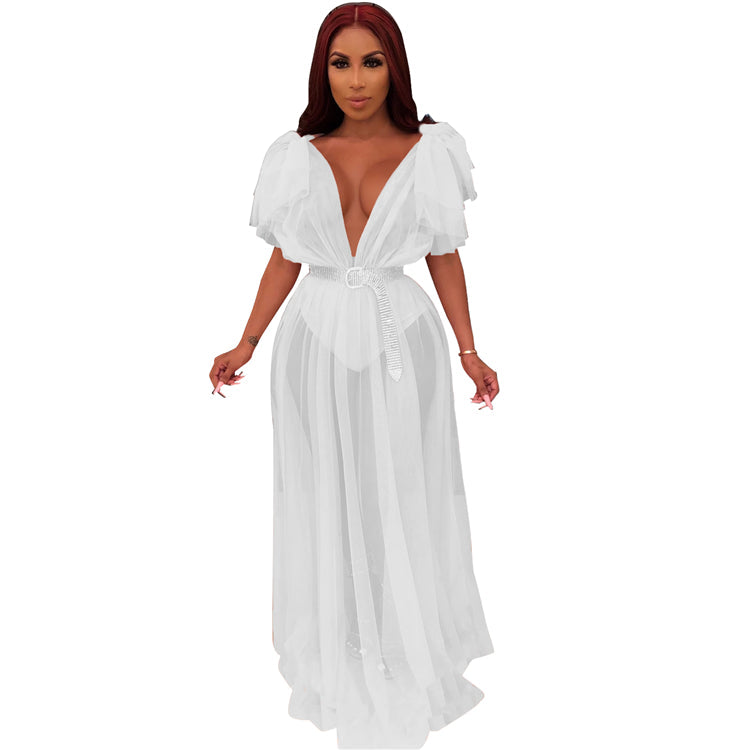 sexy women mesh deep v neck solid color see through long maxi women dress