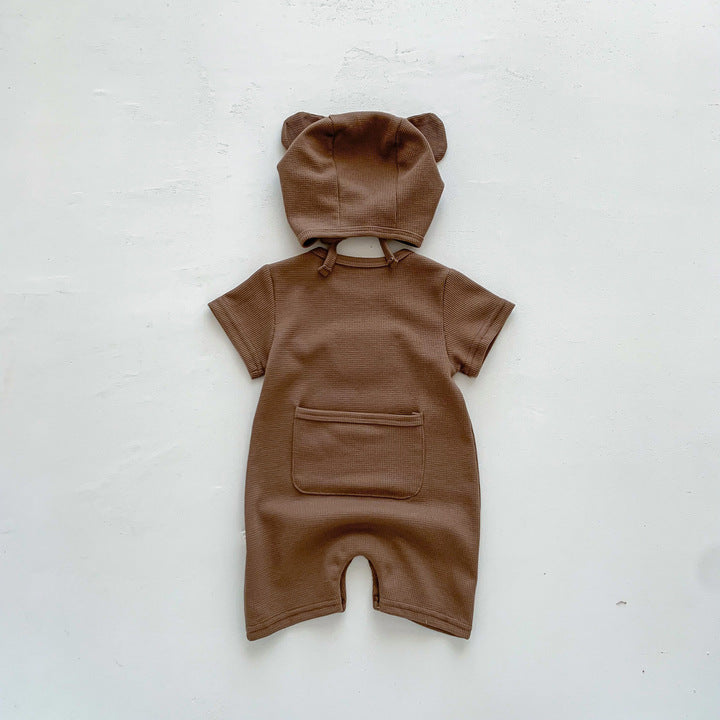 Cute Bear Waffle Newborn Baby Rompers Butt Wrap Baby Summer Rompers Short Sleeve Baby Clothes Set with Hat for Boys Girls
