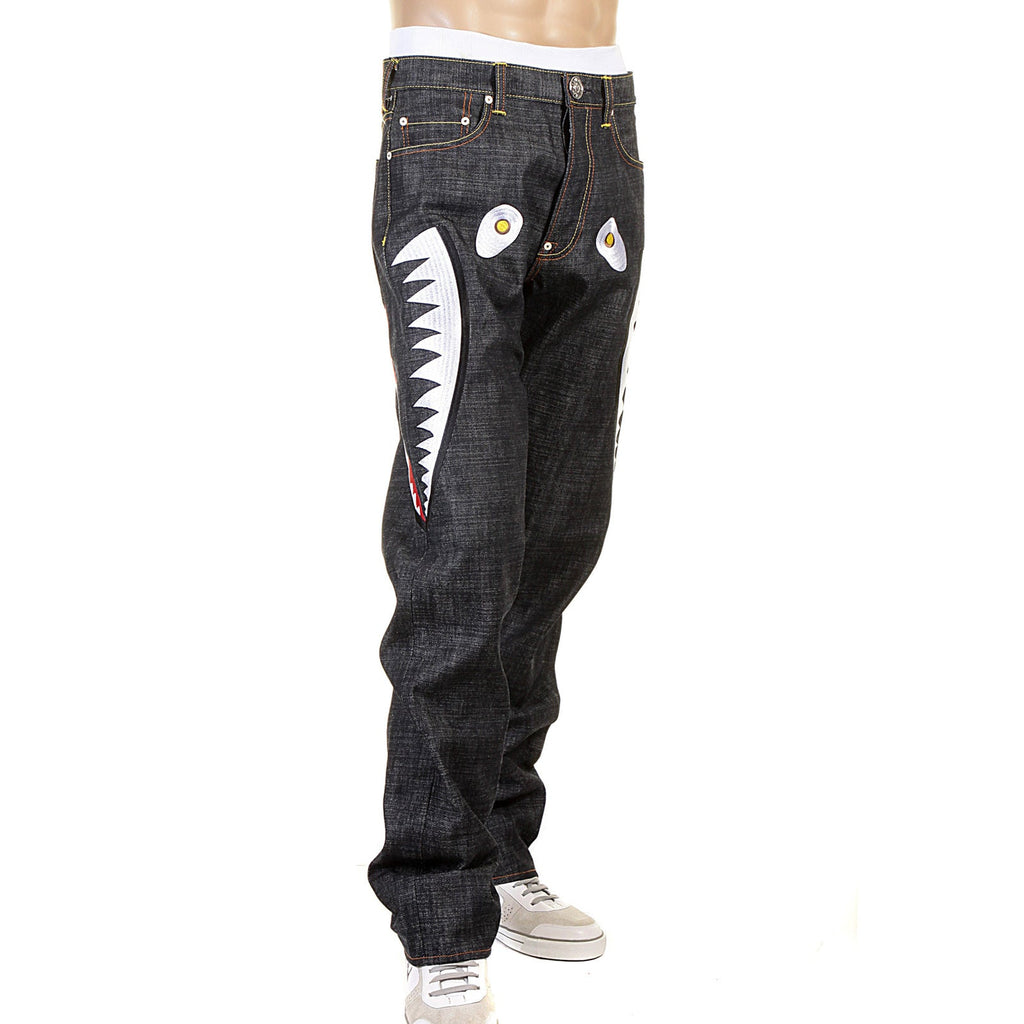 Mens straight leg Japanese raw selvedge denim jeans with custom high quality embroidery pattern