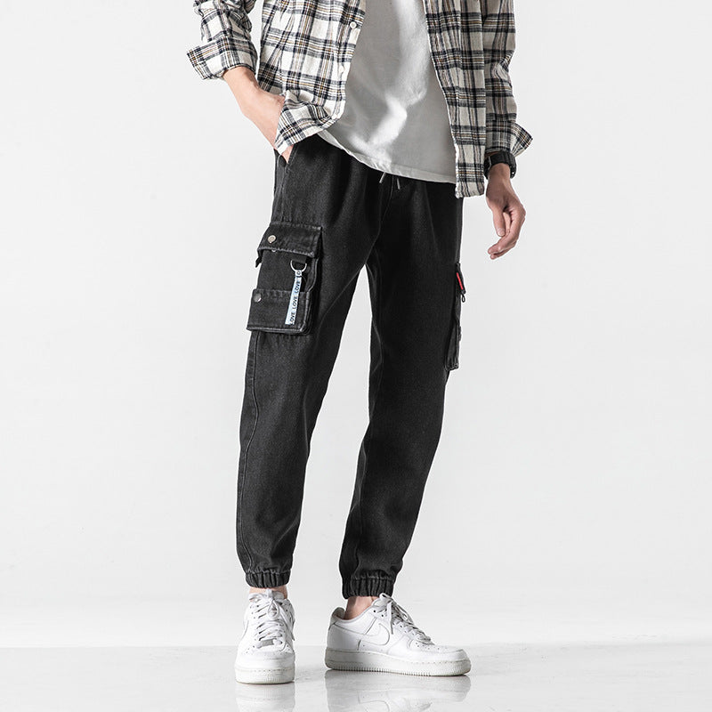 casual young style jeans pants for men middle waist slim pockets mens denim trousers 2021 fall casual streetwear