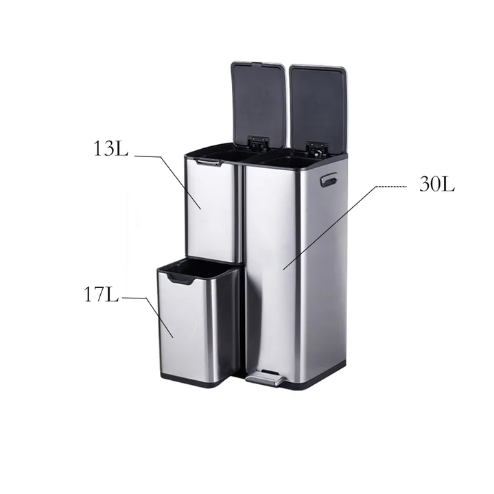 60L Triple 3 Compartment Stainless Recycling Bins with Pedal Press Button on Top Recycle Bin Eco-friendly Recycling Solution