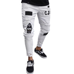 New Italy Style Men's Distressed Destroyed Badge Pants Art Patches Skinny Biker White Jeans Slim Trousers men denim jeans