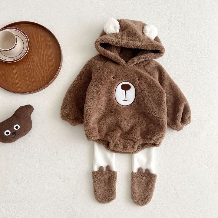 Ins Autumn Winter Newborn Toddler Bear Long Sleeve Thick Hooded Romper Outfits Baby Bodysuit
