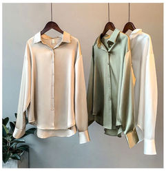 Breathable Solid Silk Women Blouse Ladies Long Sleeve Satin Shirts V Neck Office White Blouse Shirt Women Tops