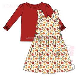 Newest fall sister clothing puffy sleeve knitted shirt scallop design dress bubble children wear girls kids clothes set