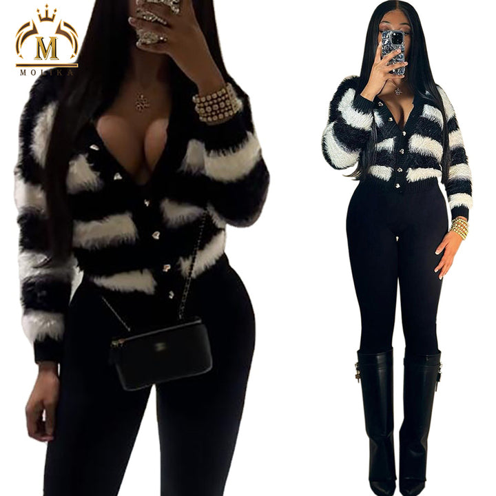 Trendy Winter Women' Crop Sweaters Stripes Button Knitted Cardigan Knit Street Wear Casual Women Warm Sweater Top Fashionable