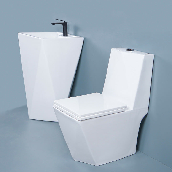 Modern Diamond Design One Piece Ceramic Toilet and Pedestal Basin Sink Set for Hotel Washroom Luxury WC