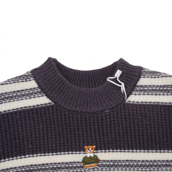 High Quality Warm Striped Baby Boy Sweaters with Bear Embroidery for Fall or Winter