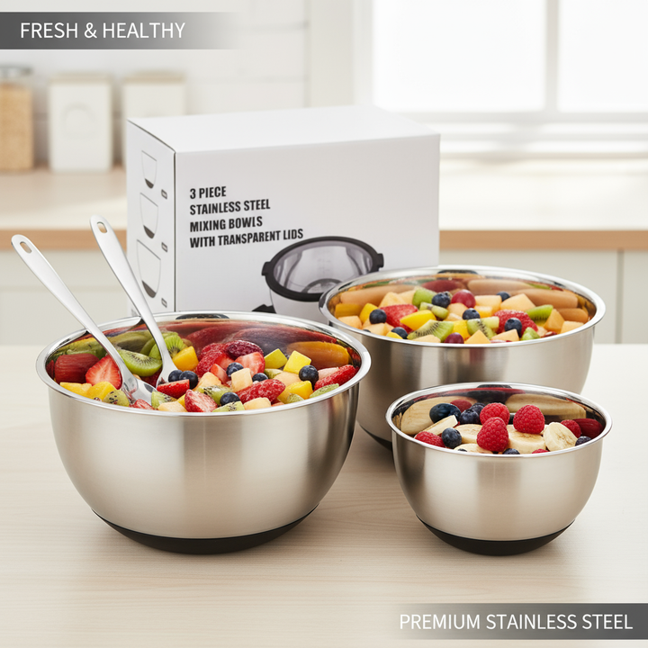 Factory Direct 1.5qt 3qt 5qt Mixing Bowl Set 3 Piece Lids Non Slip Silicone Base Transparent Cover Stainless Steel Salad Bowls