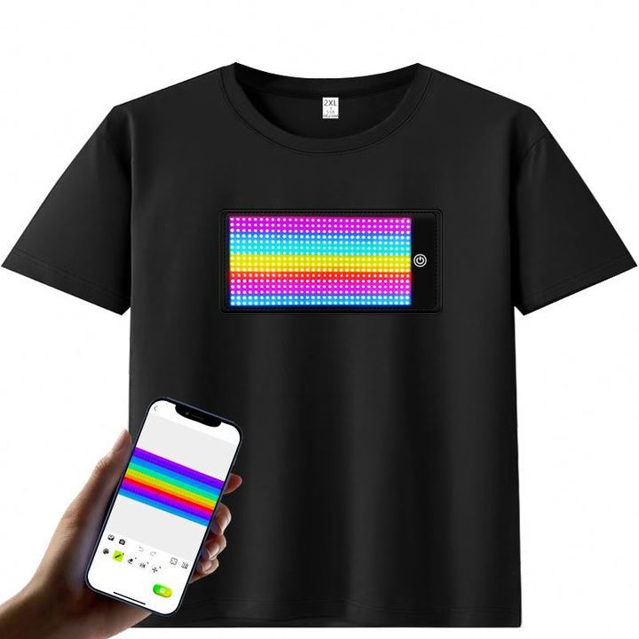 Fashionable Glowing T-Shirt with RGB Scrolling LED Sign USB Rechargeable Display LED T-Shirt Short Sleeves Cotton LED T Shirts