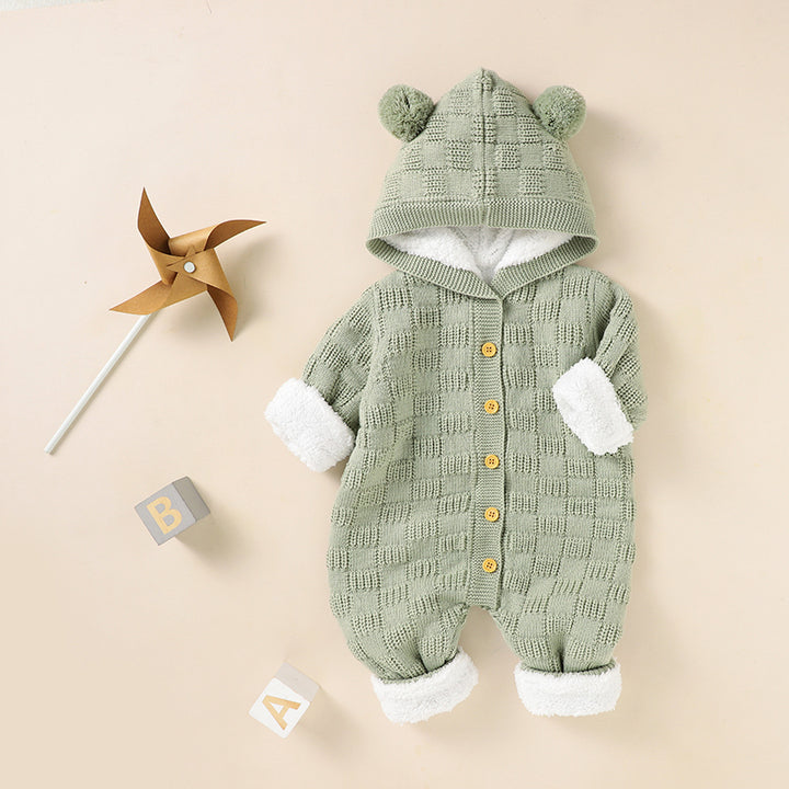 Mimixiong Ins Baby Romper Clothes Knitted Newborn Bebes Solid Color Hooded Overalls Fleece Long Sleeve Infant Winter Outfits