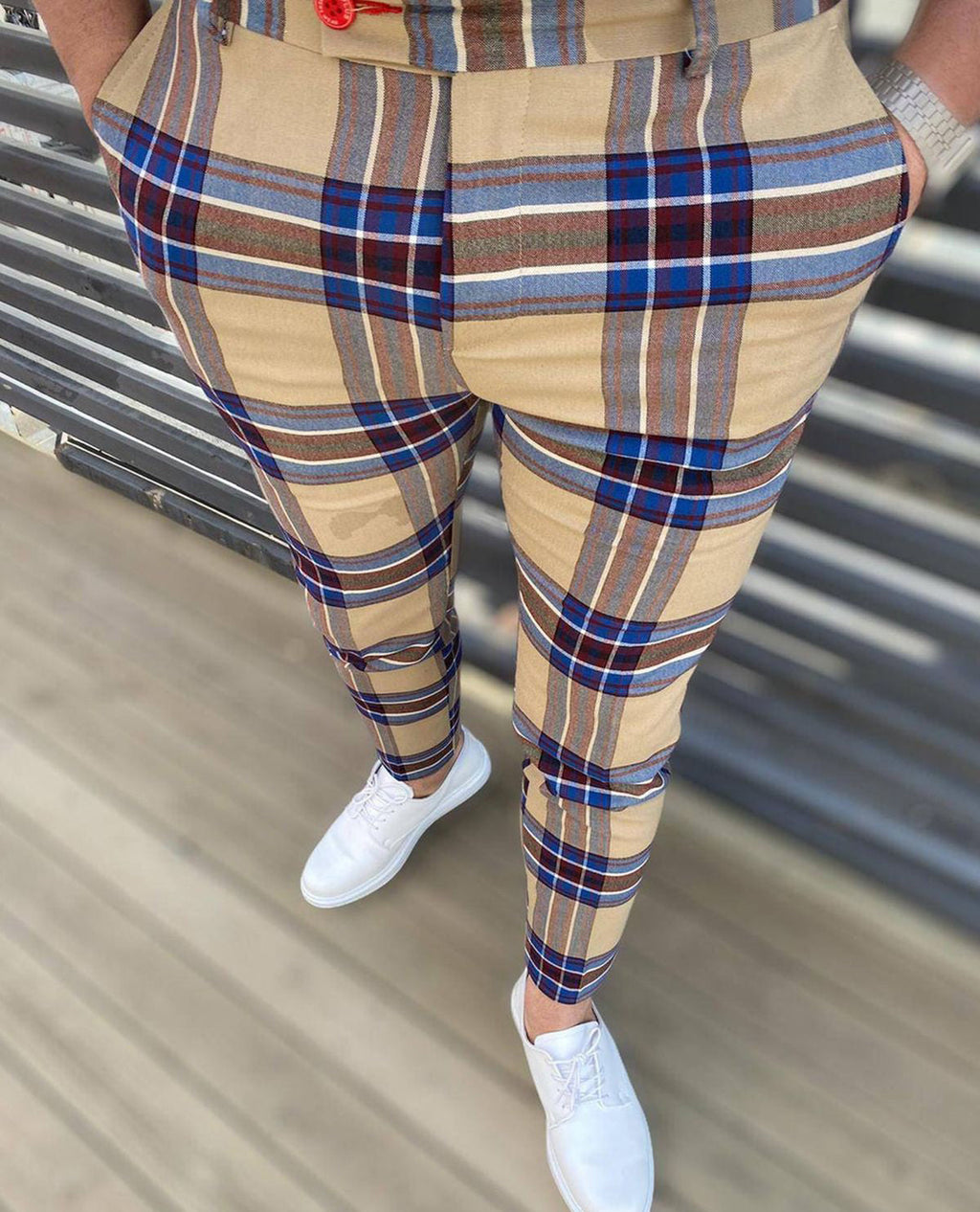 Custom Fashion Slim Fit Men Plaid Dress Pants  Casual Office Skinny Khaki Men Trousers