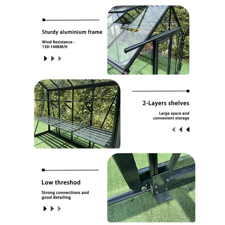 NEW Upgrade Super Strong Wind Resistance 140KM Toughened Glass Greenhouse Outdoor Backyard Aluminum Frame Garden Greenhouse