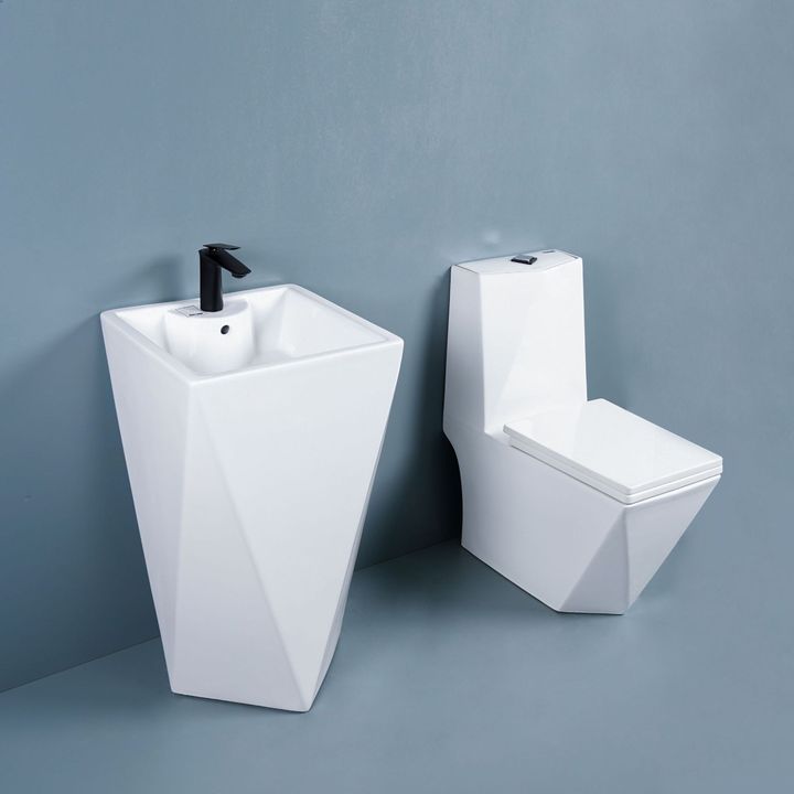 Modern Diamond Design One Piece Ceramic Toilet and Pedestal Basin Sink Set for Hotel Washroom Luxury WC