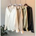 Breathable Solid Silk Women Blouse Ladies Long Sleeve Satin Shirts V Neck Office White Blouse Shirt Women Tops