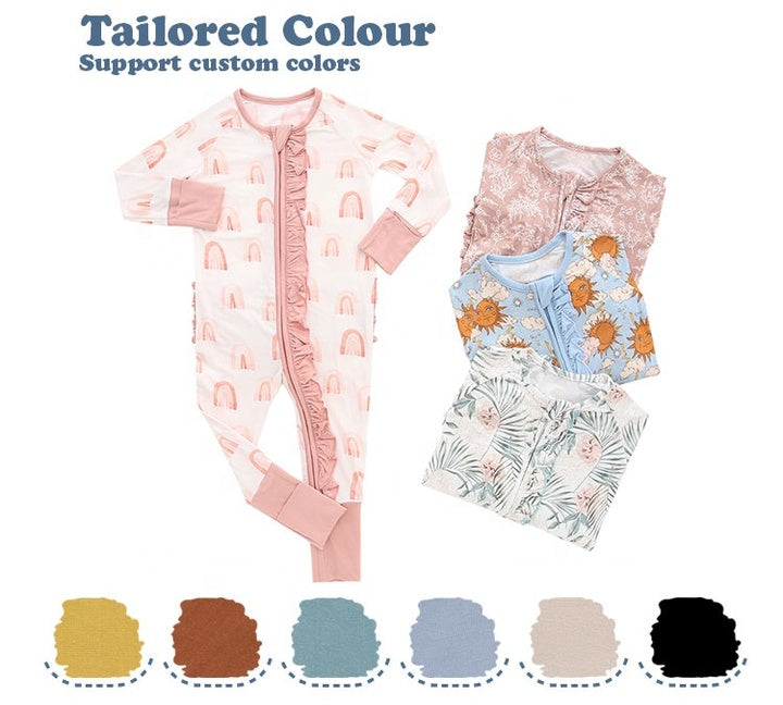 Long Sleeves Ruffle Style Newborn Baby Jumpsuit Two Way Zipper Bamboo Viscose & Spandex Romper Set Print Pattern Spring Summer