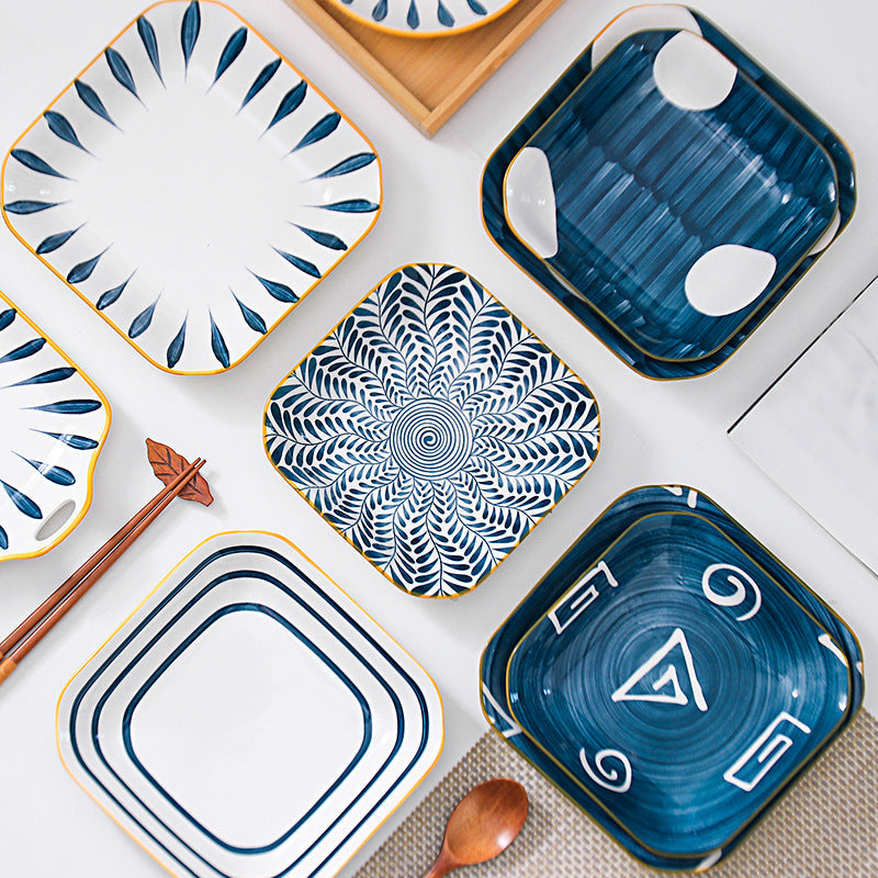 8-inch Restaurant Ceramic Plates Porcelain Golden Edge Dishes Custom Cheap Square Blue and White Dinner Dessert Salad Plate