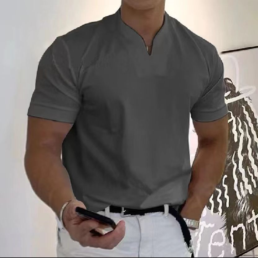 Muscular men's fitness plus-size sports t-shirt men's stretch cotton pocket short-sleeved summer V-neck Polo shirt