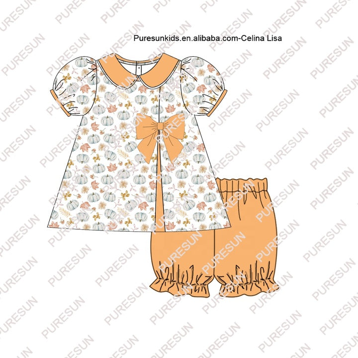 2024 Customized High Quality Fall Kids Clothes Peter Pan Collar Baby Girl Outfits Fall Pumpkin Girls Sibling Set