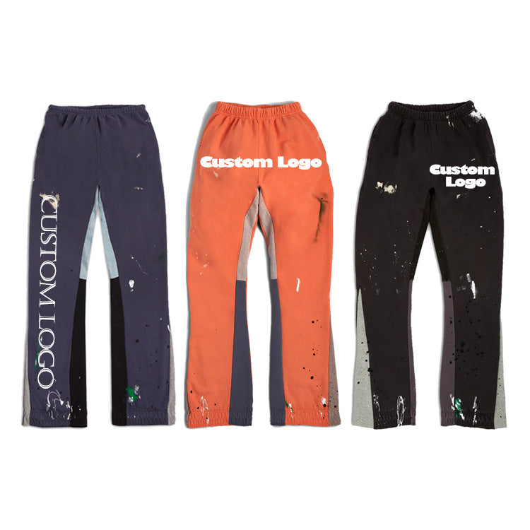 Custom Logo Stack Flare Sweatpants Men Jogger Track Sweat Pants Trousers Patchwork Graffiti Paint Splatter Elastic Men Pants