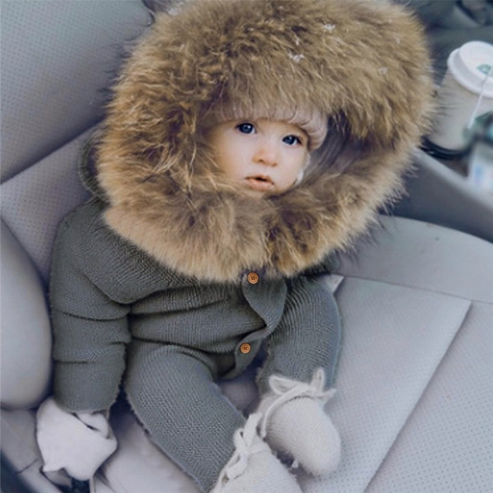 OEM Newborn Baby Winter Warm Overall Windproof Baby Romper with Fur Hood Button Closure for Solid Pattern Baby Overalls