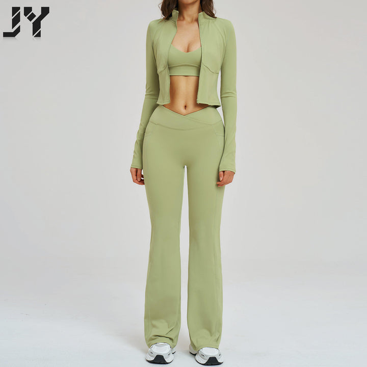 Joyyoung Women's 3-Piece Yoga Sportswear Set Breathable Running Cycling Sports Bra Gym Jackets Flared Workout Leggings Sets