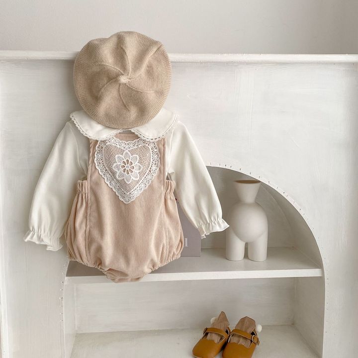 Spring Autumn Newborn Infant Toddler Clothing Turn-Down Collar Top Ribbed Cotton Romper Baby Girls Clothes Set
