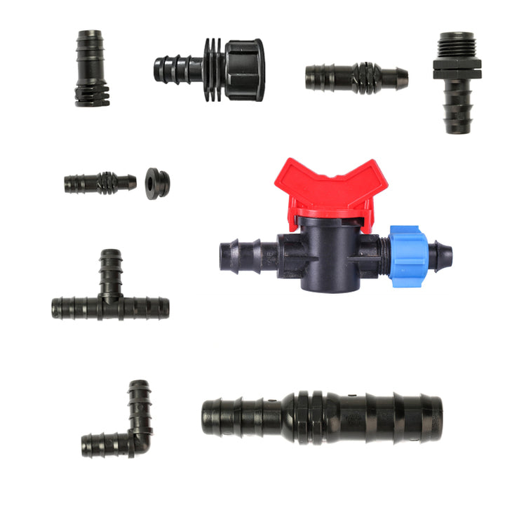 Drip Irrigation Fittings Drip Line Tape Pipe Connector 16mm Micro Irrigation Tape Fittings Pe Mini Valve