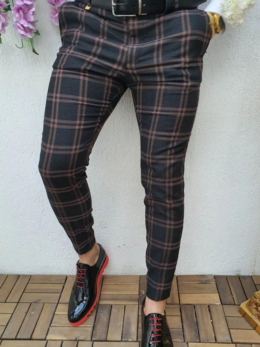 Custom Fashion Slim Fit Men Plaid Dress Pants  Casual Office Skinny Khaki Men Trousers
