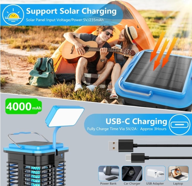 4000mAh Solar LED Bug Zapper Cordless Electric Mosquito Moth Killer for Patio Rechargeable Blue Light Mosquito Traps Zapper