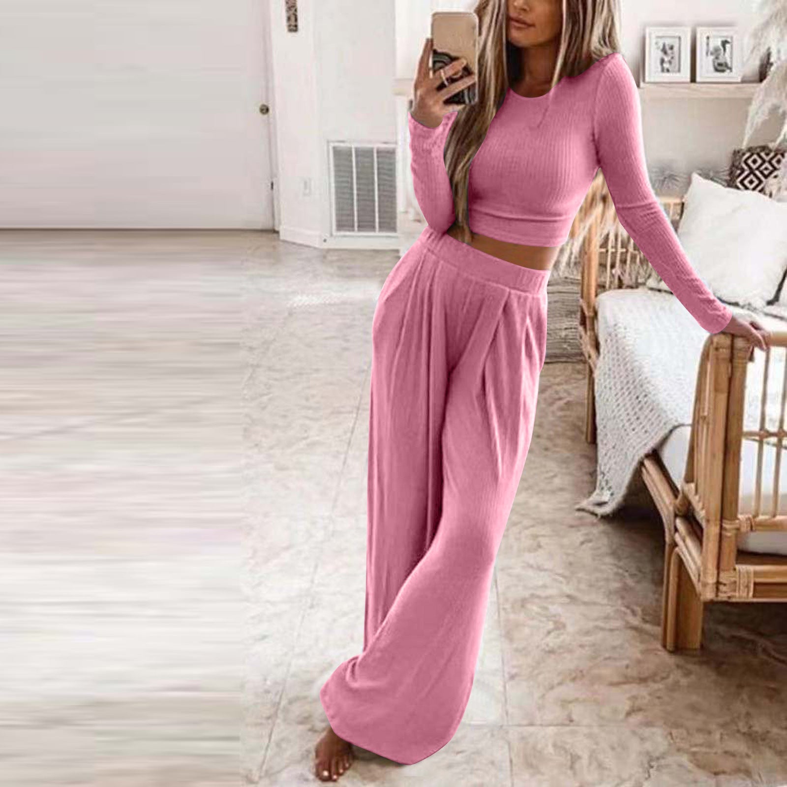 Spring Autumn Custom Casual Long Sleeve Women Knitted Two Piece Sweater Set