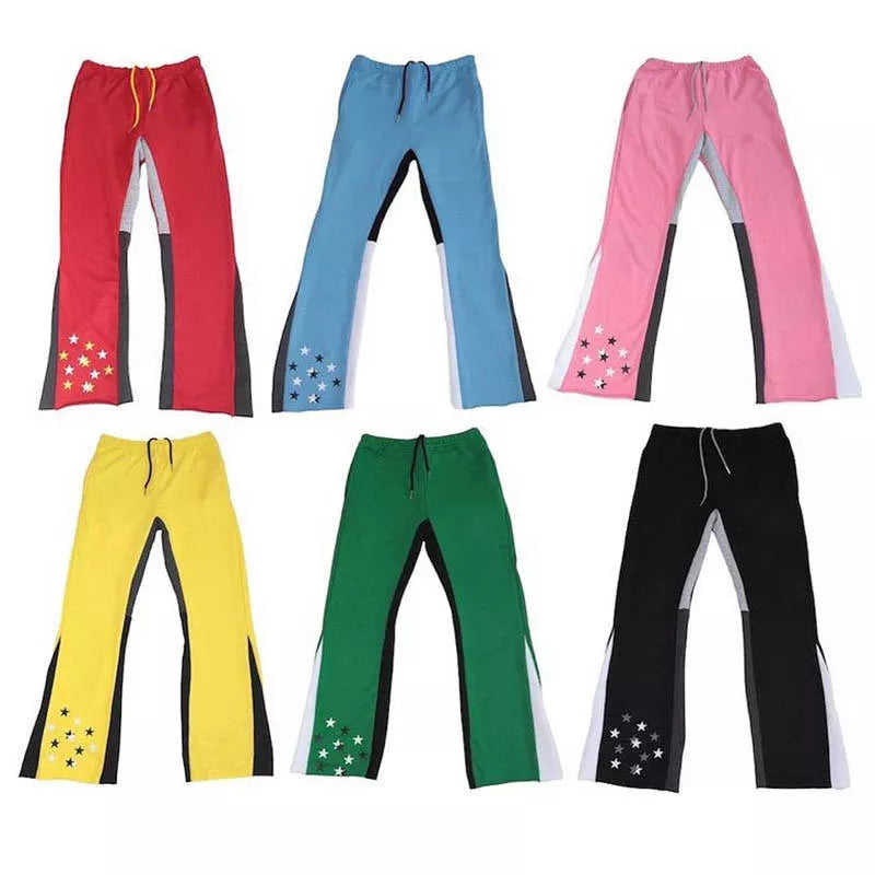 Custom Logo Stack Flare Sweatpants Men Jogger Track Sweat Pants Trousers Patchwork Graffiti Paint Splatter Elastic Men Pants