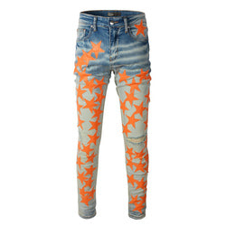 Dropshipping Ripped Distressed Leather Star Patch  Designer Mens denim Jeans