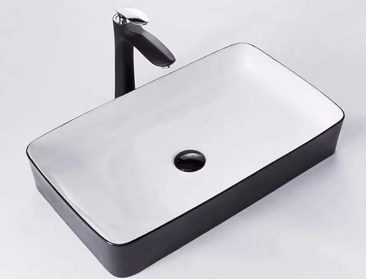 Modern Luxury Ceramic Glazed Hotel Use Commercial Grade Bathroom Hand Wash Basin Gold Trim Easy Clean Countertop Mounted Sink
