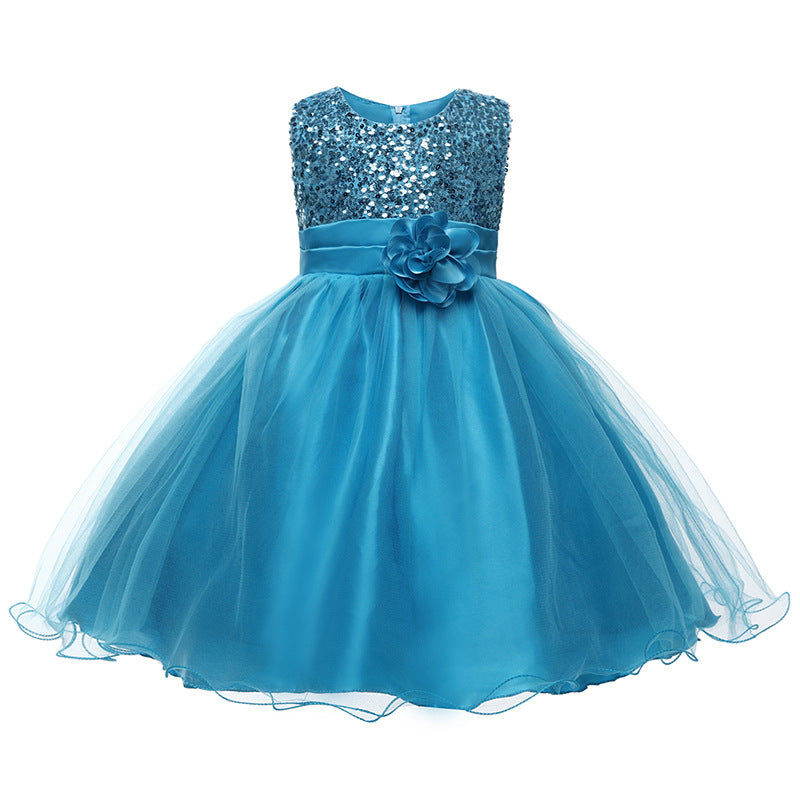 Summer Sleeveless Sequined and Flower Tulle Princess Kids Girls Dress