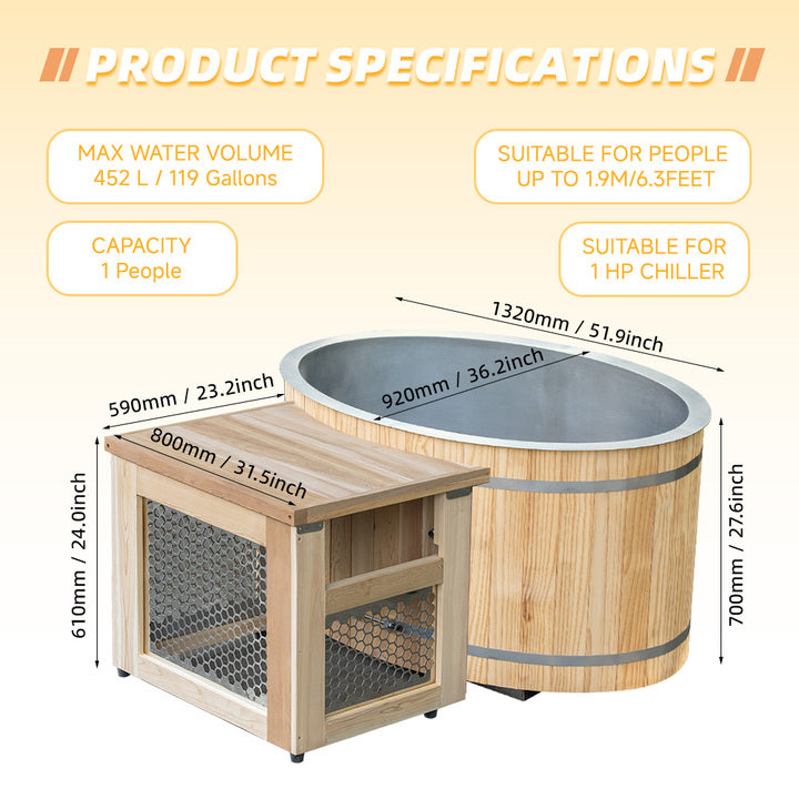 High Quality Built for Home Natural Wood Ice Bath Tub with Chiller and Filter Ice Therapy Outdoor Cold Plunge