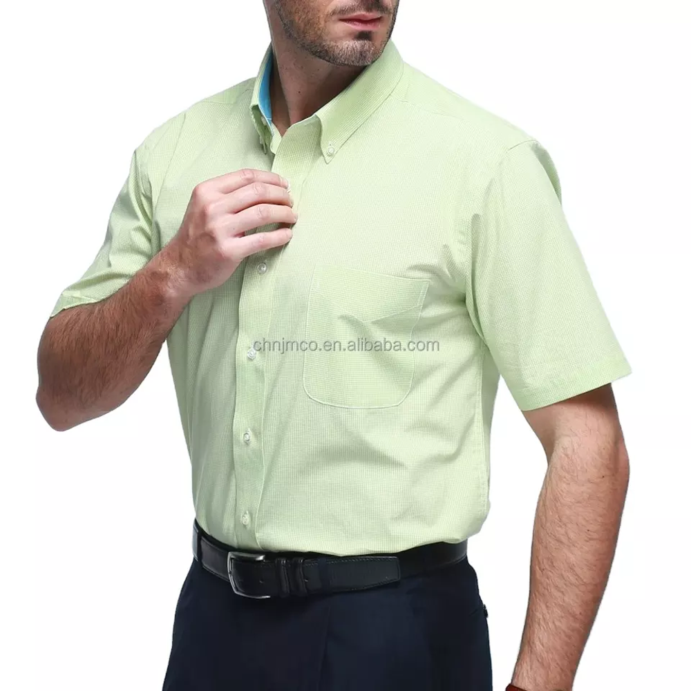 Sustainable 100% Cotton Green Checked Short Sleeve T-shirts Casual Mens Dress Shirts