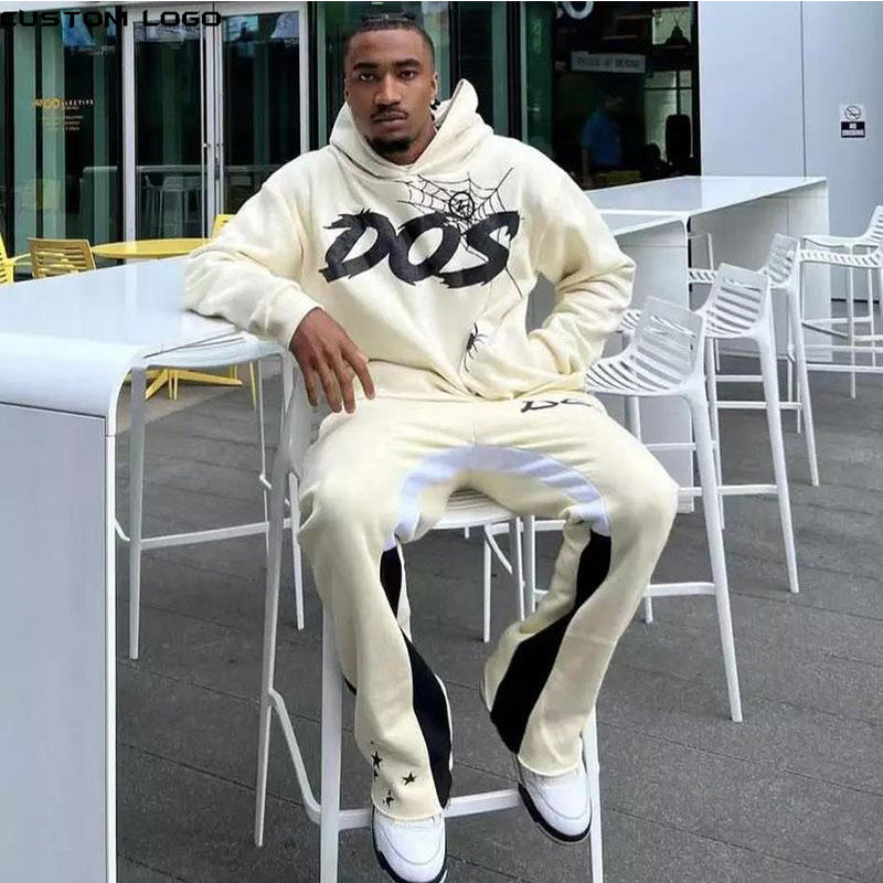 OEM Cotton Print Cut Raw Hem Edge Hoodie Patchwork Pant Men Tracksuit Heavyweight Stacked Flared Mens Two Pieces Jogger Sets