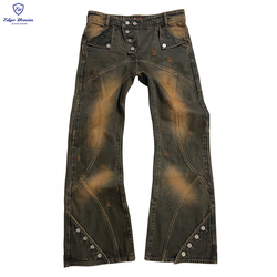 EDGE DENIM Custom jeans manufacturers design distress hole flare fit white blue flame flair jeans man Denim Men's Jeans Pants