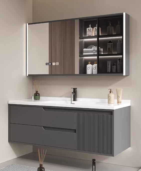 Modern Bathroom Vanity Cabinet with LED Touch Illuminate Mirror Wall-Mounted Ceramic Basin Eco-Friendly Apartment & Kitchen Use