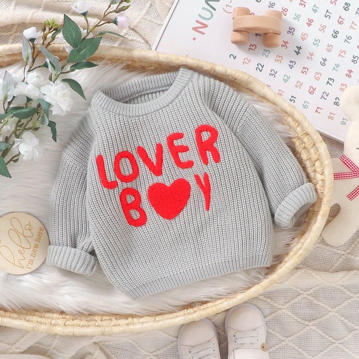 Newborn Baby Clothes Autumn and Winter New Cute Knitted LOVER BOY Pattern Top Baby Girl Round Neck Sweater