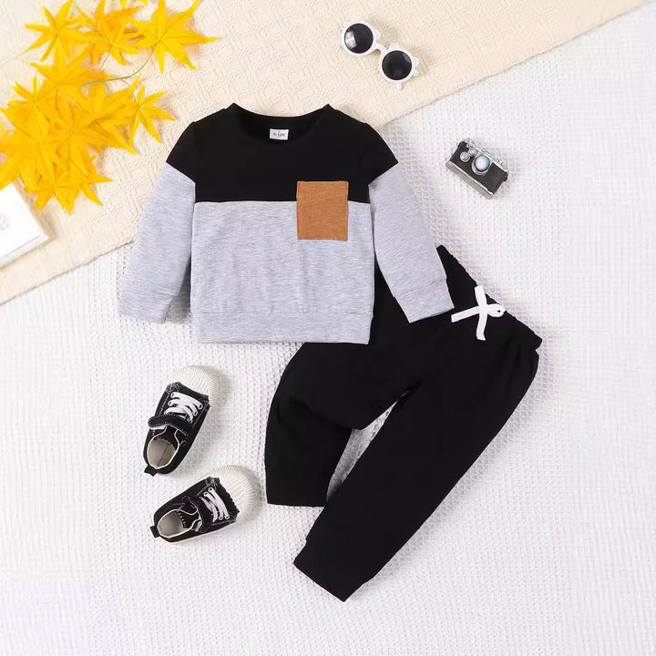Casual Winter Kids Sweatshirt Set Double Patchwork Color Sweatshirt Pants Fashionable 2-Piece Cotton Baby Clothing