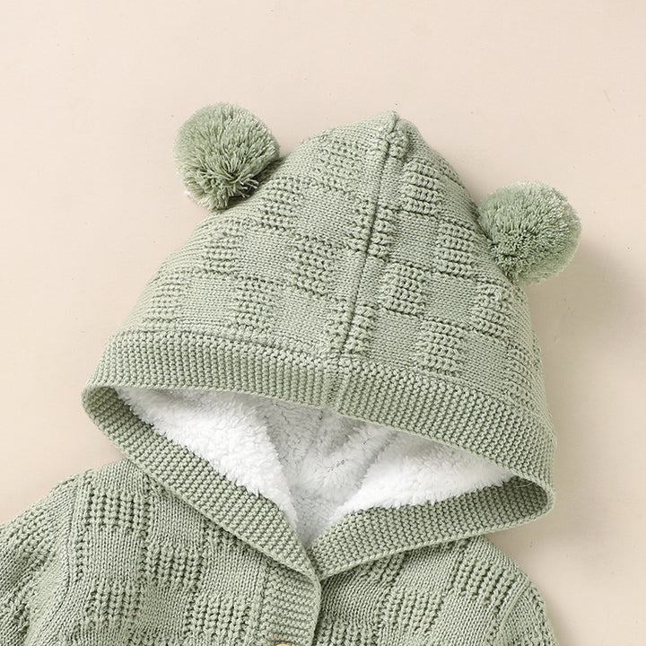 Mimixiong Ins Baby Romper Clothes Knitted Newborn Bebes Solid Color Hooded Overalls Fleece Long Sleeve Infant Winter Outfits