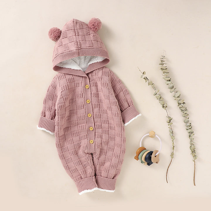Mimixiong Ins Baby Romper Clothes Knitted Newborn Bebes Solid Color Hooded Overalls Fleece Long Sleeve Infant Winter Outfits